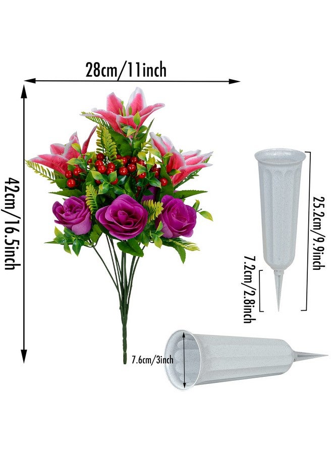 XONOR Artificial Cemetery Flowers For Grave, Set Of 4 Artificial Flowers Bouquet Memorial Flowers With Vase For Outdoor Cemetery Headstones Graveyard Gravestone Decoration (Pink&Purple-4Pcs) - Image 3