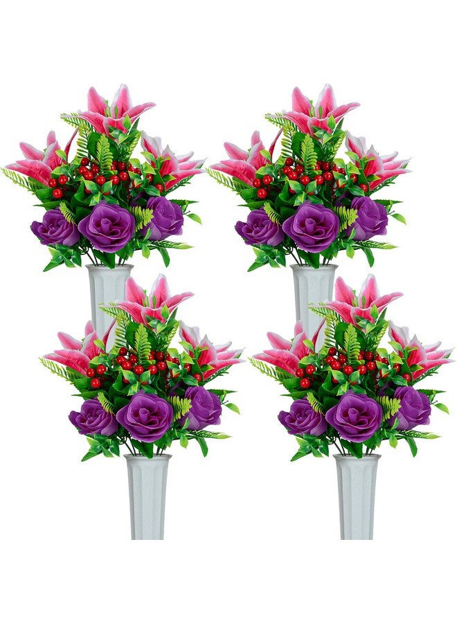 XONOR Artificial Cemetery Flowers For Grave, Set Of 4 Artificial Flowers Bouquet Memorial Flowers With Vase For Outdoor Cemetery Headstones Graveyard Gravestone Decoration (Pink&Purple-4Pcs) - Image 1