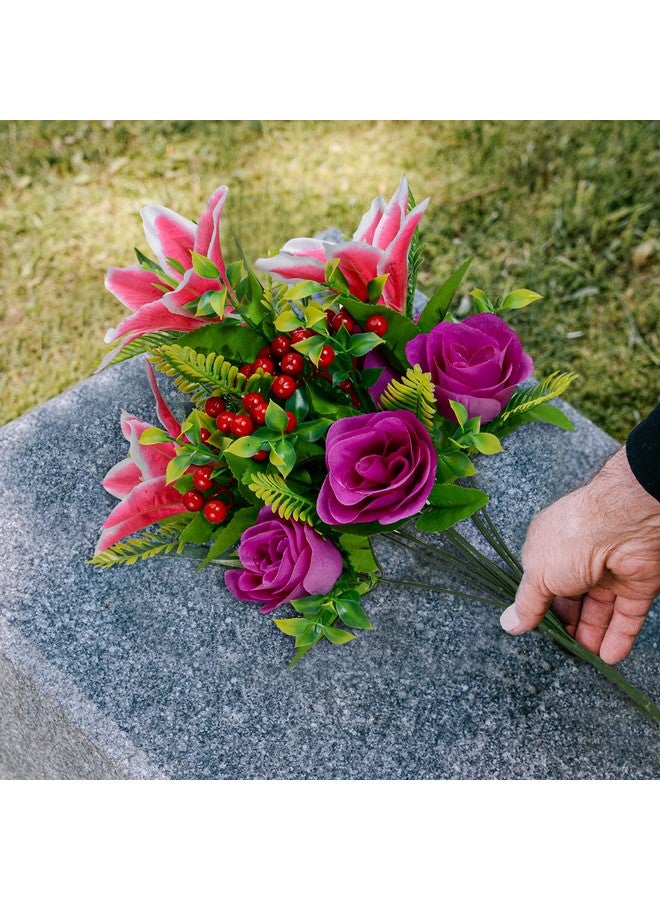 XONOR Artificial Cemetery Flowers For Grave, Set Of 4 Artificial Flowers Bouquet Memorial Flowers With Vase For Outdoor Cemetery Headstones Graveyard Gravestone Decoration (Pink&Purple-4Pcs) - Image 4