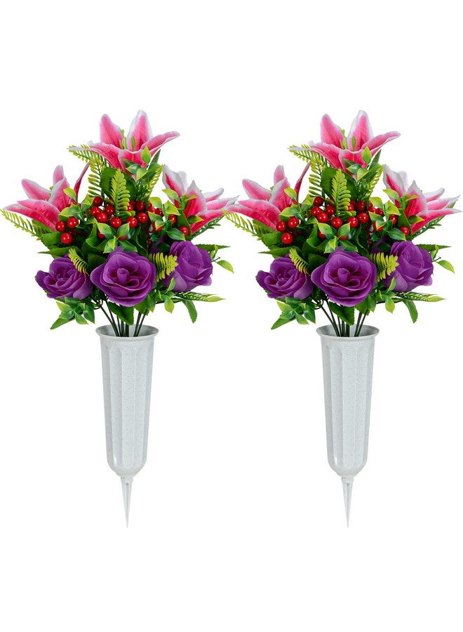 XONOR Artificial Cemetery Flowers For Grave, Set Of 4 Artificial Flowers Bouquet Memorial Flowers With Vase For Outdoor Cemetery Headstones Graveyard Gravestone Decoration (Pink&Purple-4Pcs) - Image 2