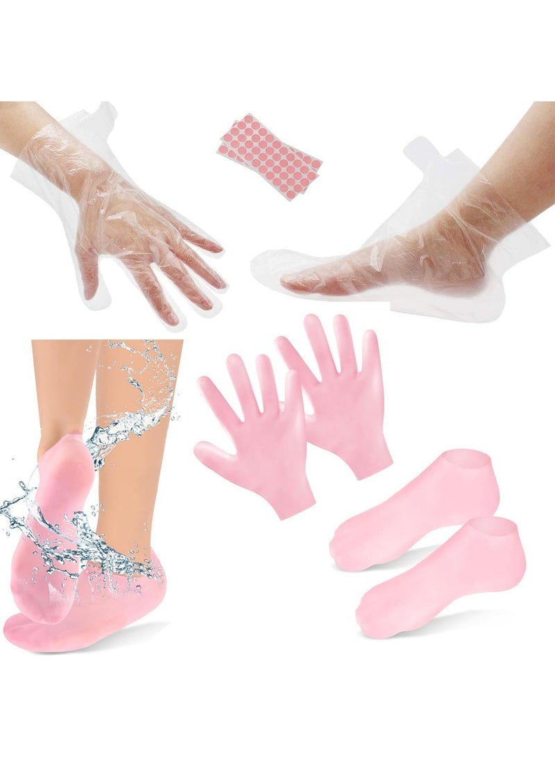 saykfoe [2+200] 2 Pairs Silicone Moisturizing Glove Socks Set and 200 Pcs Plastic Hand and Foot Covers, Anti Slip Soft Spa Gel Socks Softening Feet Dry Cracked Skin, Foot Care After Pedicure (Pink) - Image 1