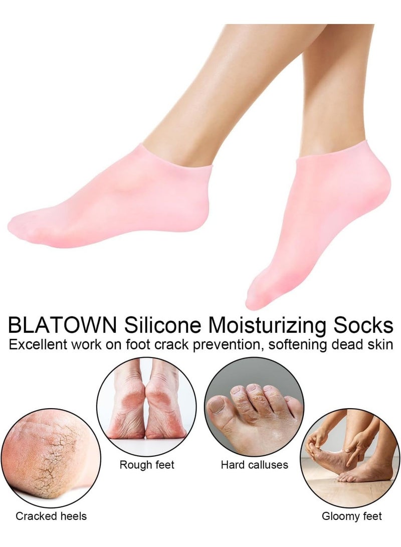 saykfoe [2+200] 2 Pairs Silicone Moisturizing Glove Socks Set and 200 Pcs Plastic Hand and Foot Covers, Anti Slip Soft Spa Gel Socks Softening Feet Dry Cracked Skin, Foot Care After Pedicure (Pink) - Image 3