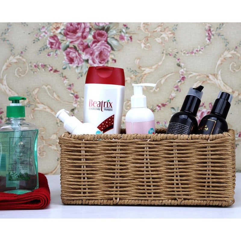 Akway AKWAY Handmade Wicker Basket Bathroom Vanity Tray for Toilet Paper and Soap Wicker Kitchen Counter Top Storage Shelf Coffee Table Decorative Tray Cosmetic Organizer Display Holder Rectangular  - Image 2