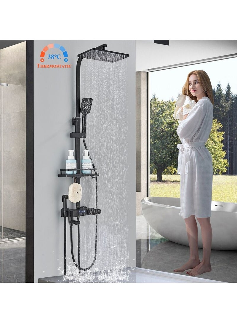 ارواق نظام الدش المكشوف باللون الأسود، مجموعة صنبور دش مطري ترموستاتي مع دش يدوي - Image 2