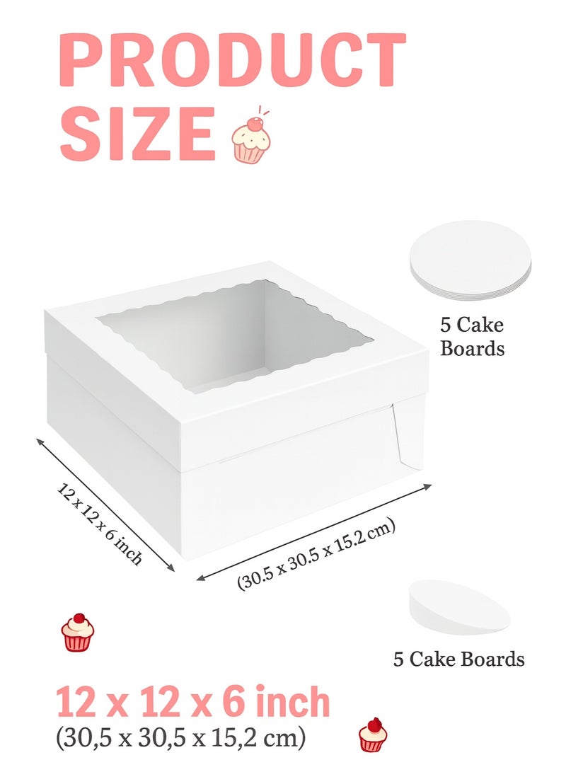 تصميم زينس علب كيك مع نافذة (5 قطع) مقاس 12×12×6 بوصة | 5 قواعد كيك كبيرة من الكرتون بغطاء | صندوق معجنات وكوكيز وتارت وحلويات | عبوة طعام قوية مناسبة لأعياد الميلاد والأعراس باللون الأبيض (30.5×30.5×15.2 سم) - Image 2