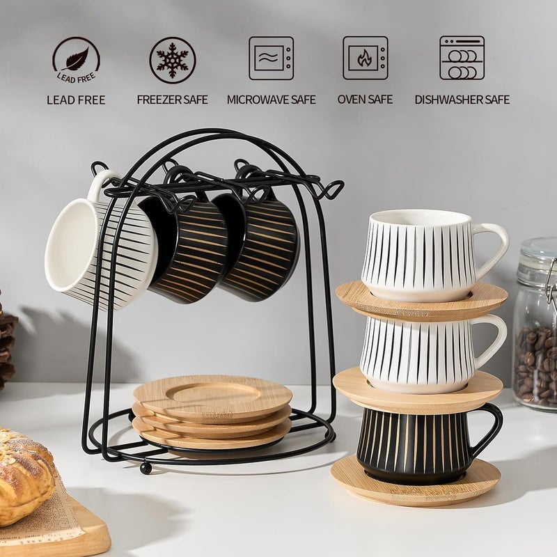 LUKA Ceramic Coffee Espresso Cups with Saucers Set with Metal Holder 4 oz Porcelain Demitasse Cups For Espresso Latte Coffee Cafe Mocha Tea Set of 6 Stripe White  Black - Image 4