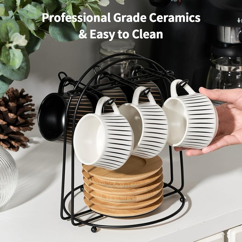 LUKA Ceramic Coffee Espresso Cups with Saucers Set with Metal Holder 4 oz Porcelain Demitasse Cups For Espresso Latte Coffee Cafe Mocha Tea Set of 6 Stripe White  Black - Image 5