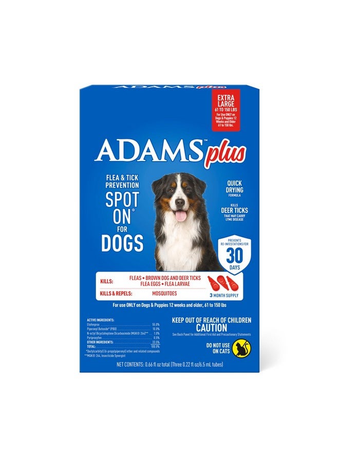 ADAMS Adams Plus Flea & Tick Prevention Spot On for Dogs 61-150 Pounds, 12 Weeks & Older, 3-Month Supply, Kills Fleas, Flea Eggs, Flea Larvae & Brown Dog & Deer Ticks, Kills & Repels Mosquitoes For 30 Days  - Image 1