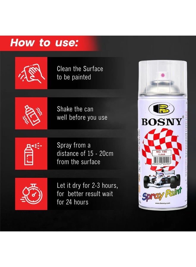 Bosny 5 pcs Bosny Clear Spray Paint Transparent Gloss Finish Fast Dry Multipurpose Coating for Metal Wood Plastic Automotive Touch Up Protective Top Coat 400ml - Image 2