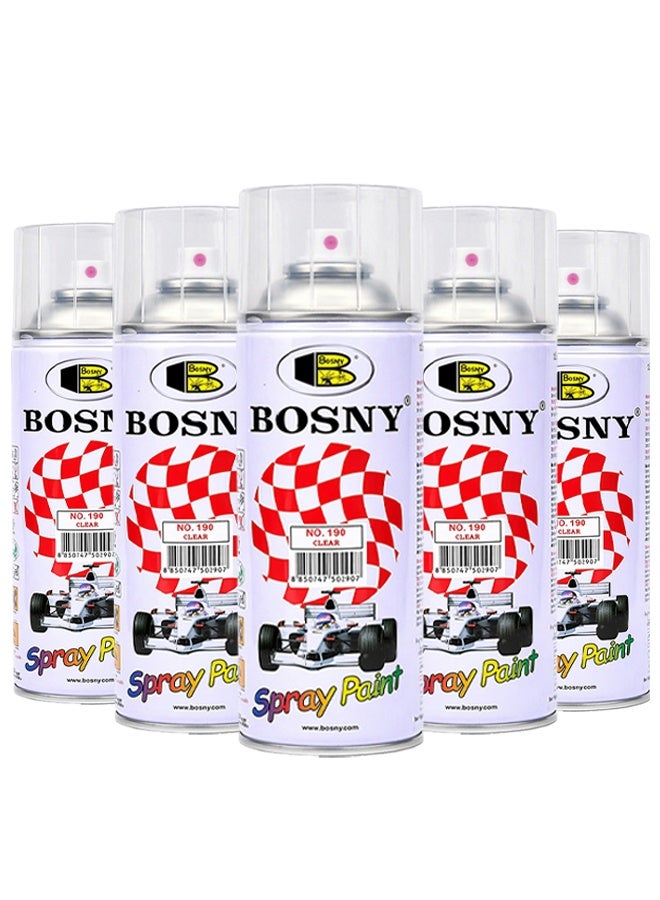 Bosny 5 pcs Bosny Clear Spray Paint Transparent Gloss Finish Fast Dry Multipurpose Coating for Metal Wood Plastic Automotive Touch Up Protective Top Coat 400ml - Image 1