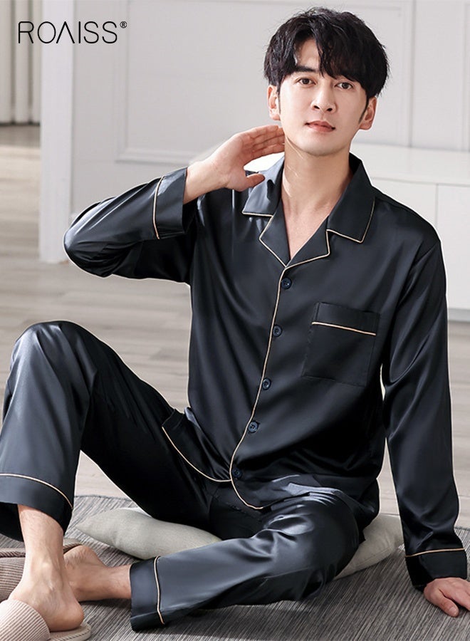roaiss Summer Men's Ice Silk Thin Lapel Breathable Pajama Button Front Placket Cardigan Long-Sleeved Long Pant Pajama Set Simple Leisure and Comfortable Elastic Waist Loungewear Suit - Image 5
