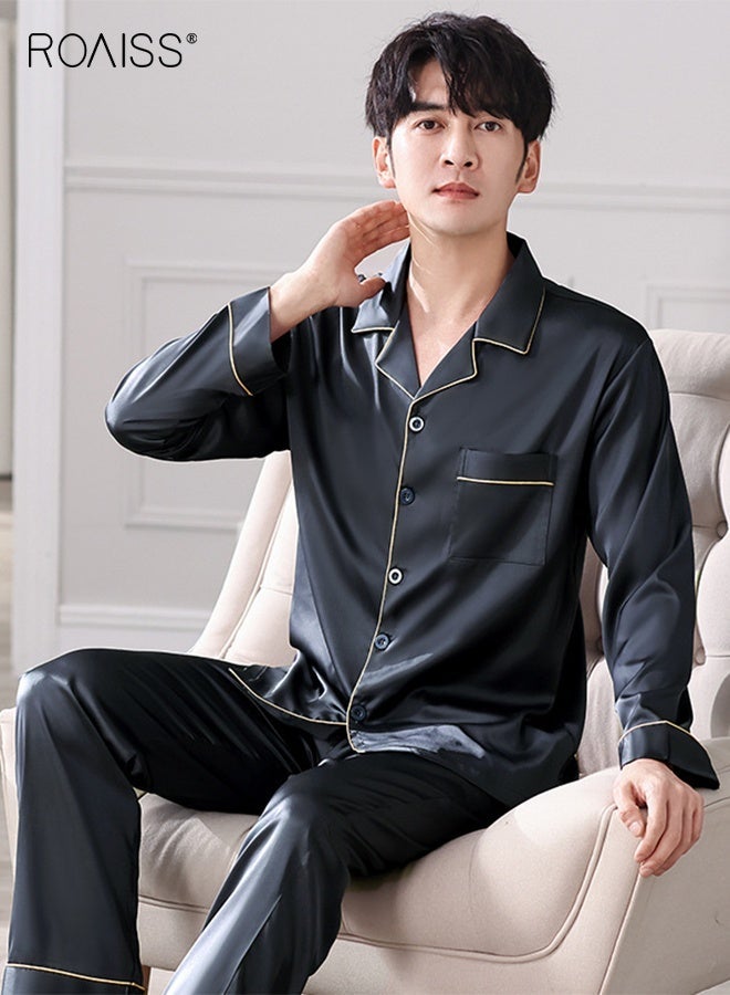 roaiss Summer Men's Ice Silk Thin Lapel Breathable Pajama Button Front Placket Cardigan Long-Sleeved Long Pant Pajama Set Simple Leisure and Comfortable Elastic Waist Loungewear Suit - Image 4