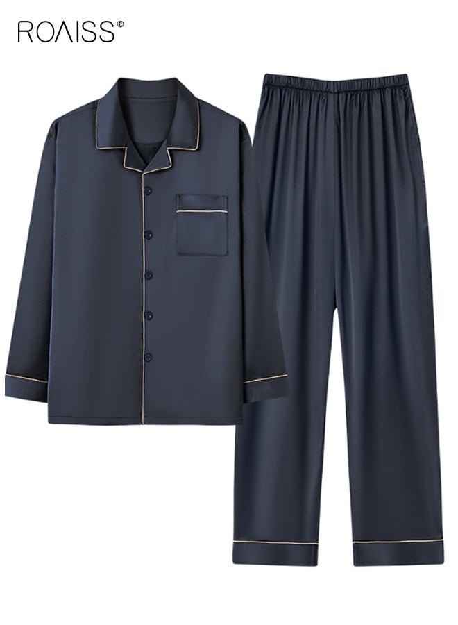 roaiss Summer Men's Ice Silk Thin Lapel Breathable Pajama Button Front Placket Cardigan Long-Sleeved Long Pant Pajama Set Simple Leisure and Comfortable Elastic Waist Loungewear Suit - Image 2