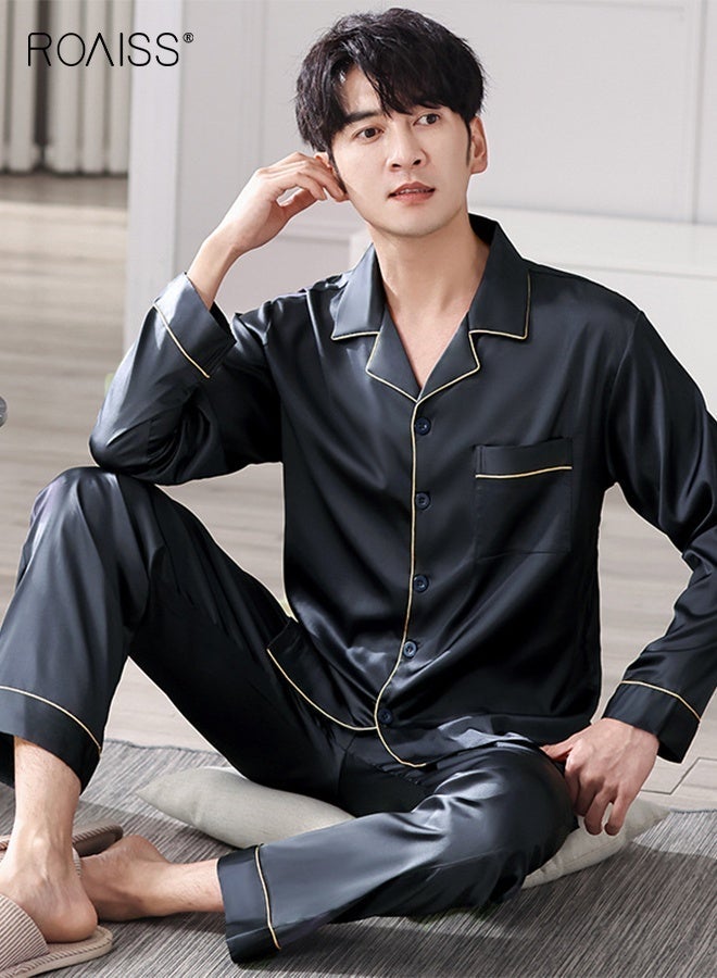 roaiss Summer Men's Ice Silk Thin Lapel Breathable Pajama Button Front Placket Cardigan Long-Sleeved Long Pant Pajama Set Simple Leisure and Comfortable Elastic Waist Loungewear Suit - Image 1