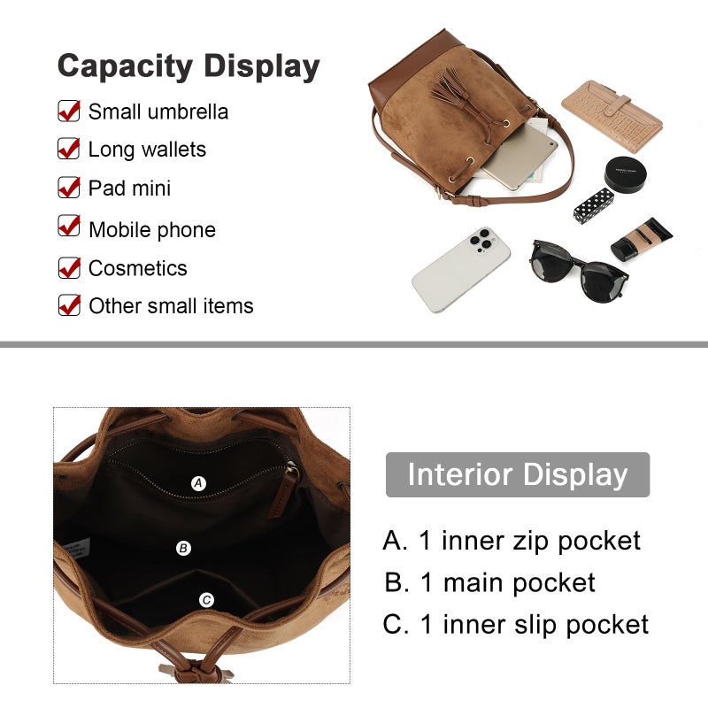 AFKOMST Faux Suede Bucket Bags and Drawstring Crossbody Boho Purse for Women Medium Hobo Handbags with 2 Shouder Straps (Brown) - Image 5