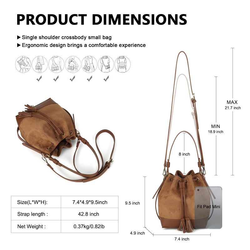 AFKOMST Faux Suede Bucket Bags and Drawstring Crossbody Boho Purse for Women Medium Hobo Handbags with 2 Shouder Straps (Brown) - Image 4