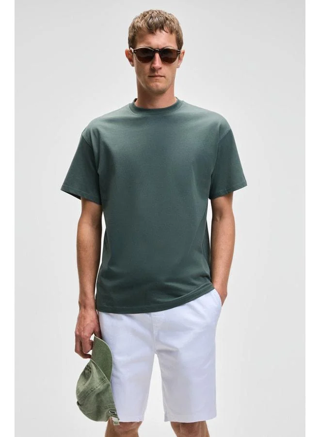 GRIMELANGE FEON Men's Oversize Wide Cut %100 Organic Cotton Thick Textured Crew Neck Dark Green T-Shirt.