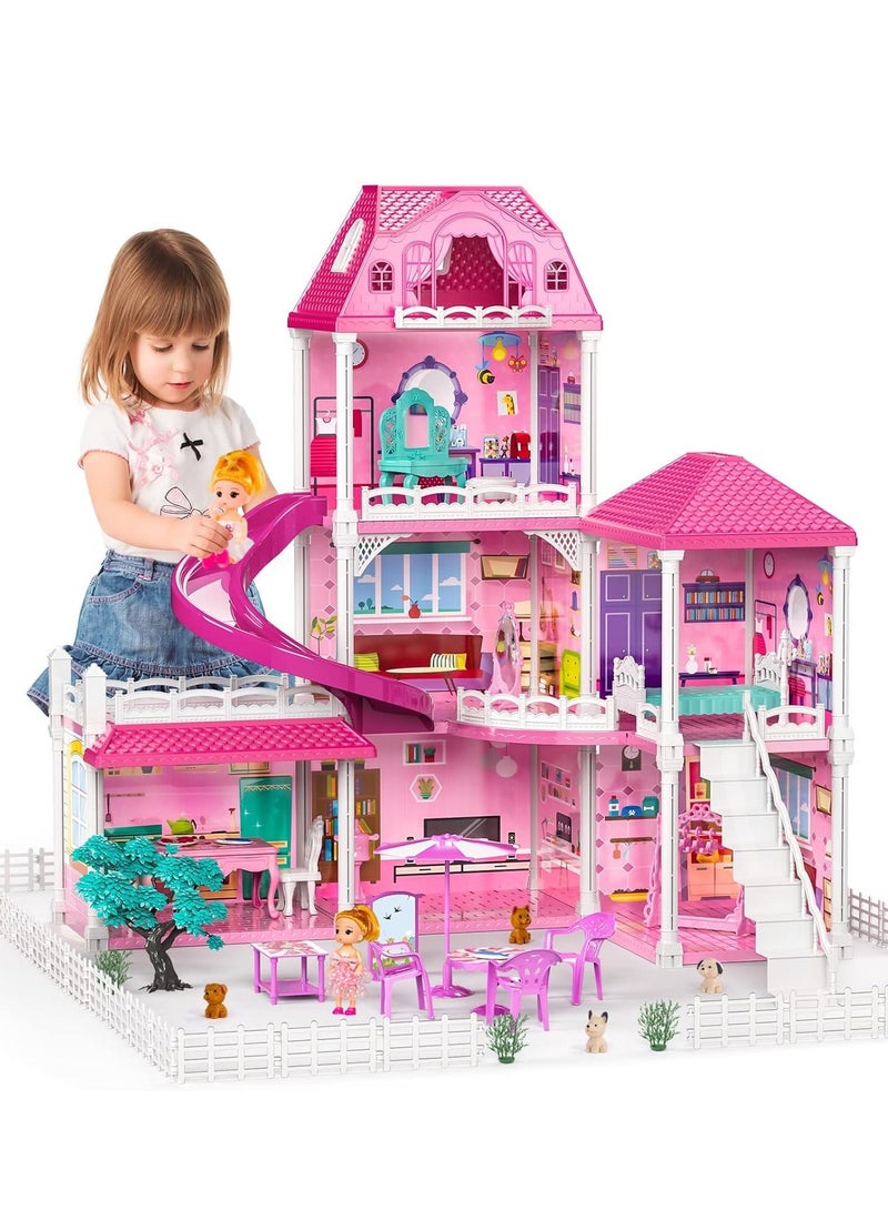 Y&D Doll House Toddler Toys for Girls 3-Story 6 Rooms Playhouse with 2 Dolls Toy Figures a Balcony and a Courtyard Dream House Doll House Princess Castle Villa Best Birthday Eid Gift for 3+ Year Old Little Girls - Image 1