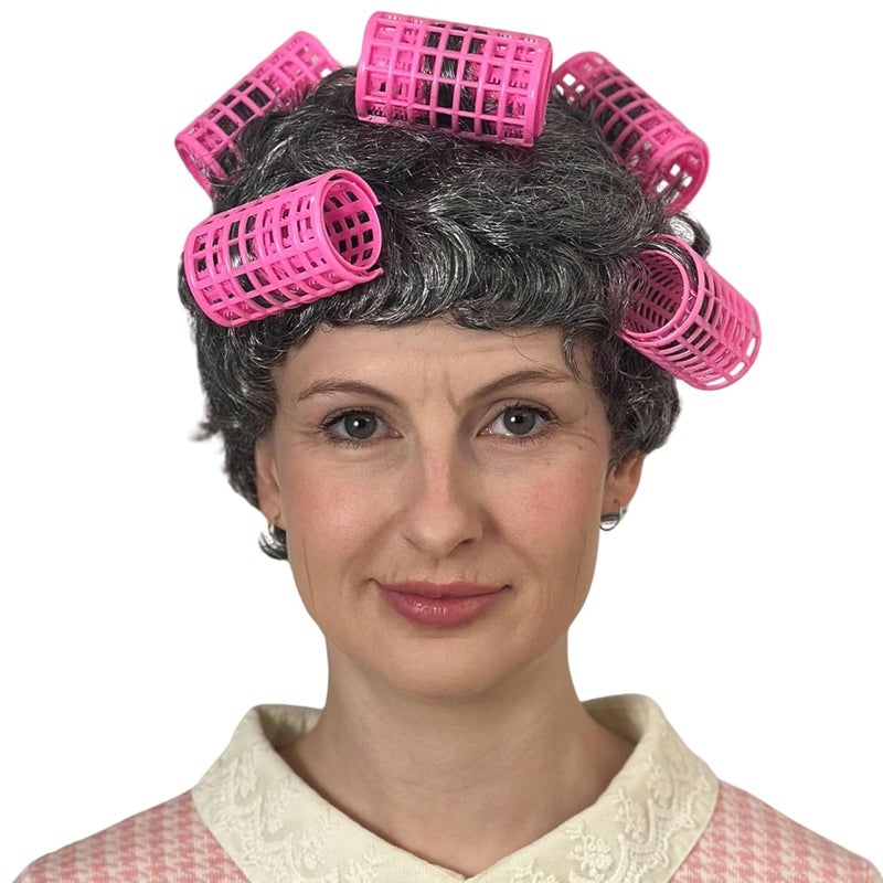 ALLAURA Retro Grey Housewife with Curlers - Old Lady Wig Grandma Granny Costume for Girls Fits All Adults Women - Image 1