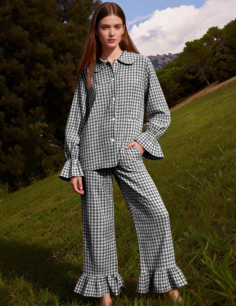 Flygo Womens Plaid Pajamas Set Cotton Pjs Sets Cute Ruffle Sleeve Babydoll Shirt Gingham Pants Matching Lounge Sets (Black-L) - Image 5