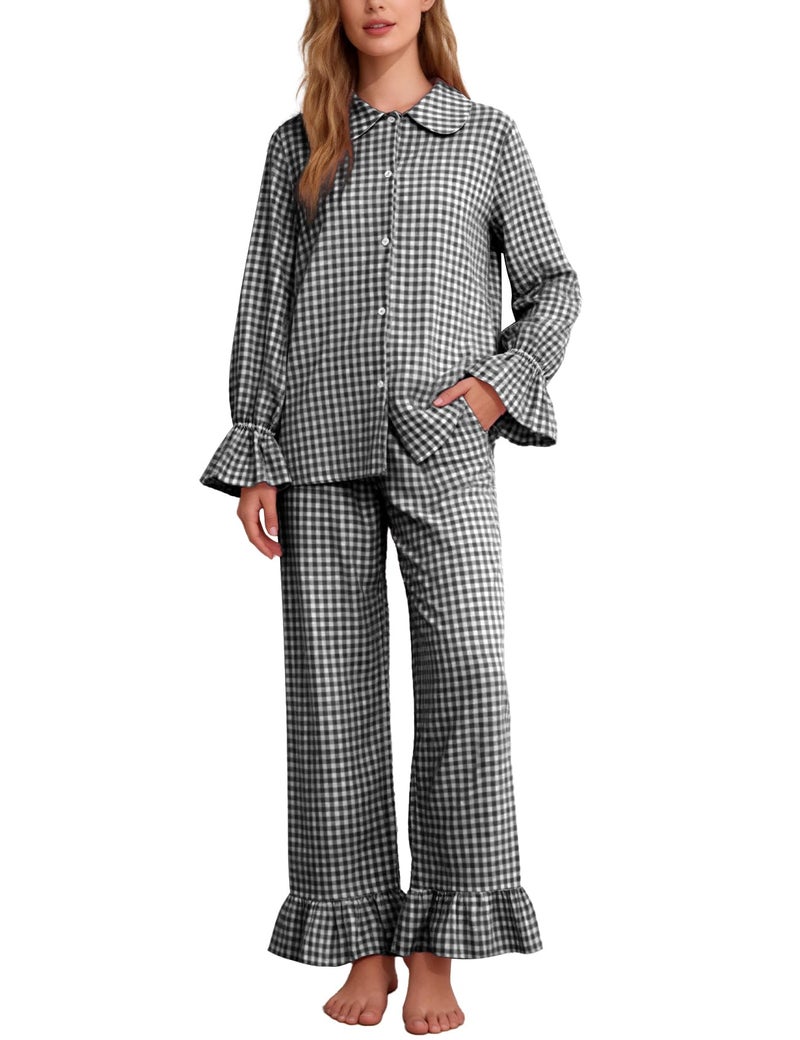 Flygo Womens Plaid Pajamas Set Cotton Pjs Sets Cute Ruffle Sleeve Babydoll Shirt Gingham Pants Matching Lounge Sets (Black-L) - Image 1
