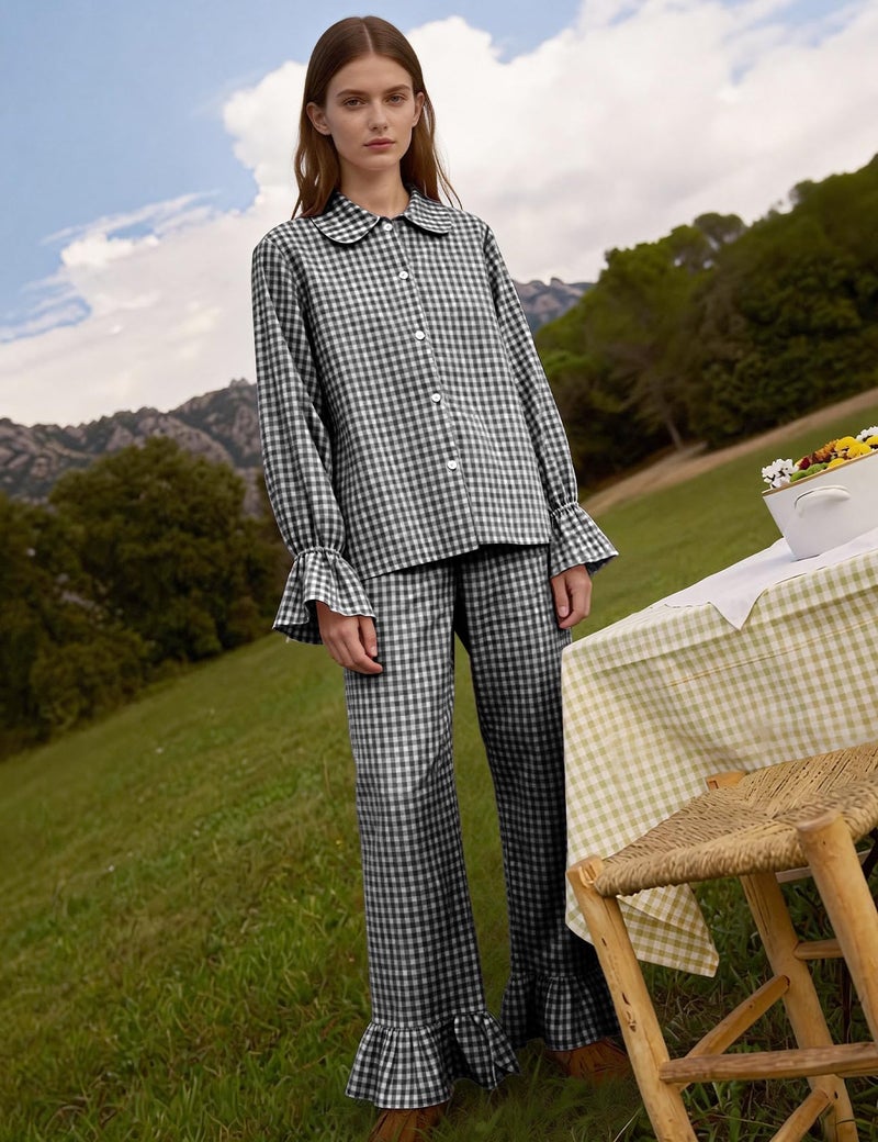 Flygo Womens Plaid Pajamas Set Cotton Pjs Sets Cute Ruffle Sleeve Babydoll Shirt Gingham Pants Matching Lounge Sets (Black-L) - Image 3