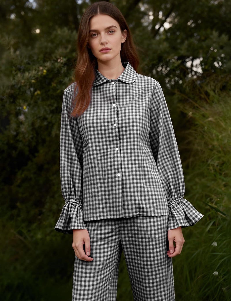 Flygo Womens Plaid Pajamas Set Cotton Pjs Sets Cute Ruffle Sleeve Babydoll Shirt Gingham Pants Matching Lounge Sets (Black-L) - Image 2