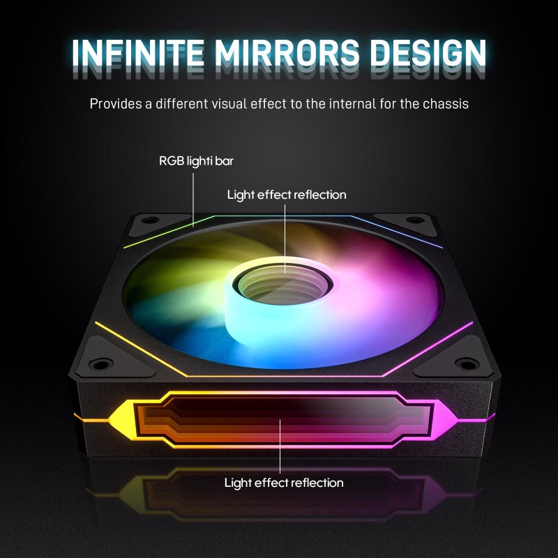 DARKROCK F120 3in1 120mm Infinite Mirror Design Case Fans with 24 LED Lights PWM Control & ARGB Effect, Hydraulic HDB Bearing for Low-Noise Operation - Suitable for Most PC Cooling Systems - Black - Image 3