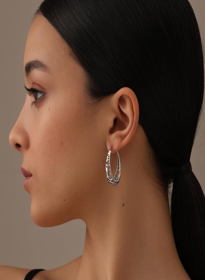 LeCalla 925 Sterling Silver Hoop Earrings for Women | Women's Filigree Hoop Earrings | Antique Oxidized Openwork Mesh Filigree Cut Earring Chunky Hoops | Hypoallergenic Vintage Filigree Oval Hoop - Image 2