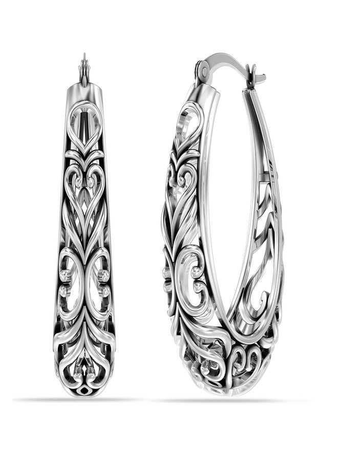 LeCalla 925 Sterling Silver Hoop Earrings for Women | Women's Filigree Hoop Earrings | Antique Oxidized Openwork Mesh Filigree Cut Earring Chunky Hoops | Hypoallergenic Vintage Filigree Oval Hoop - Image 1