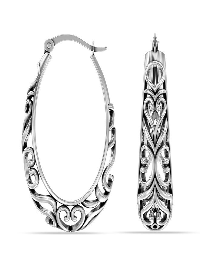 LeCalla 925 Sterling Silver Hoop Earrings for Women | Women's Filigree Hoop Earrings | Antique Oxidized Openwork Mesh Filigree Cut Earring Chunky Hoops | Hypoallergenic Vintage Filigree Oval Hoop - Image 3