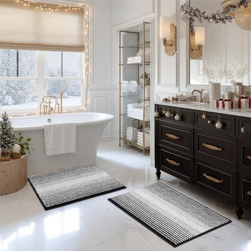 BSICPRO Bathroom Rugs and Mats Sets, 2 Piece Thick Absorbent Chenille Bath Mat Set Non Slip, Soft Shaggy Bath Room Floor Mats , Machine Washable (20" x 32" Plus 16" x 24", Black) - Image 1