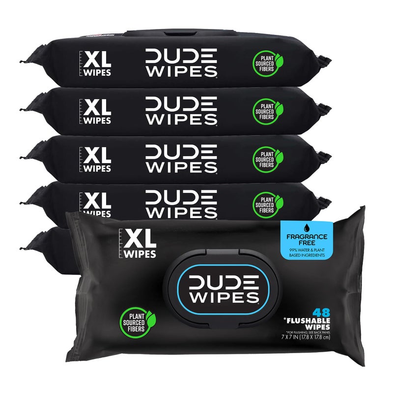 DUDE Wipes - Flushable Wipes - 6 Pack, 288 Wipes - Unscented Extra-Large Adult Wet Wipes - Vitamin-E & Aloe - Septic and Sewer Safe - Image 1