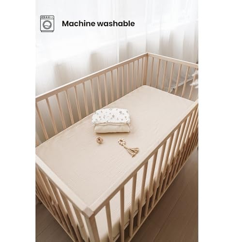 Konssy Muslin Crib Sheets for Girl Boy, 2 PCS Soft and Breathable Cotton Baby Sheets for Standard Crib Mattress, 52"x 28" (Blossom, Cream) - Image 4