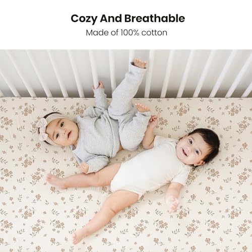 Konssy Muslin Crib Sheets for Girl Boy, 2 PCS Soft and Breathable Cotton Baby Sheets for Standard Crib Mattress, 52"x 28" (Blossom, Cream) - Image 2