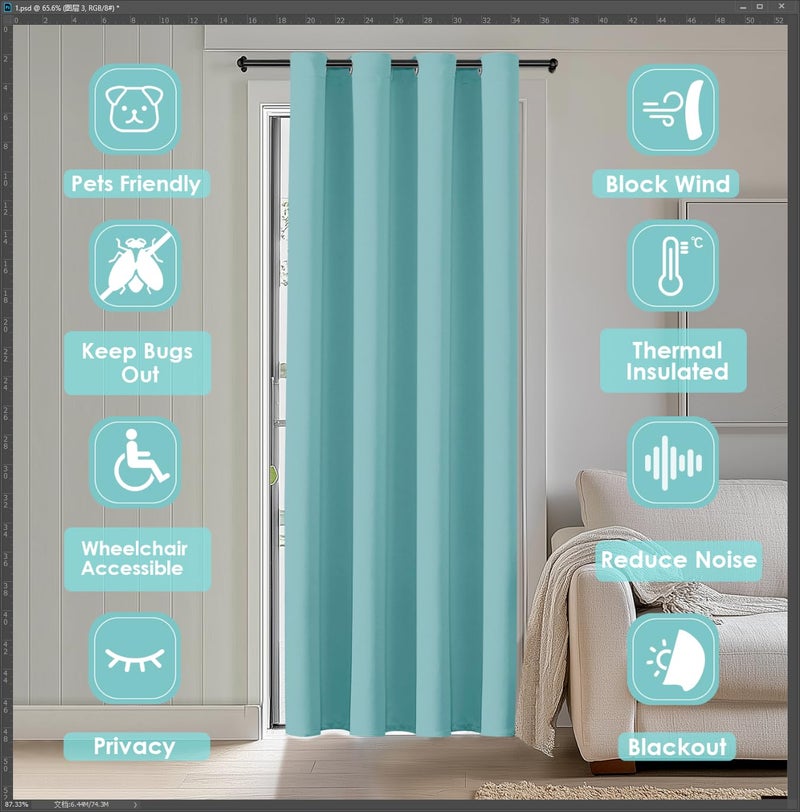ChrisDowa Blackout Curtains 80 Inches Long for Doorways and Closets  Thermal Insulated Temporary Room Dividers (1 Panel  Aqua  52 x 80 Inch) - Image 3