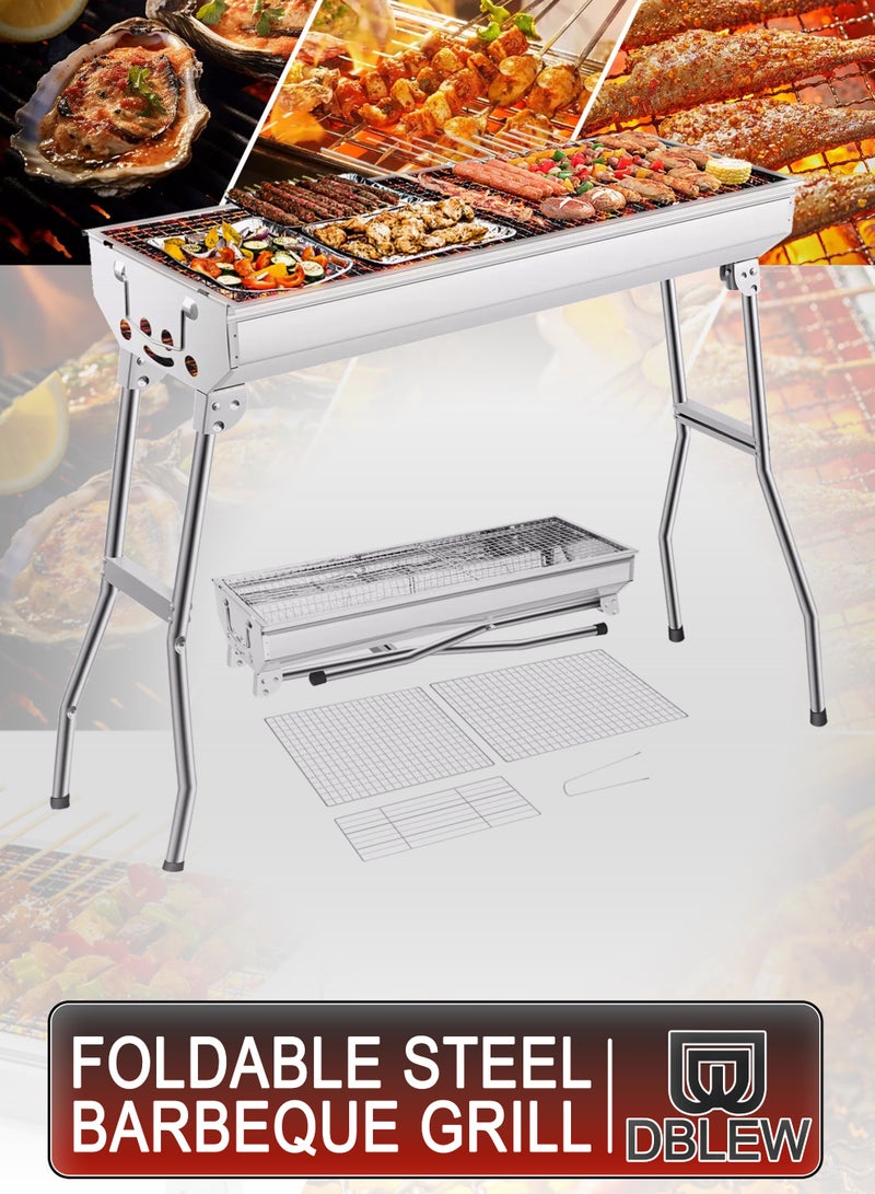 DBLEW Portable Foldable Charcoal BBQ Grill 73x33cm Large Capacity Stainless Steel Barbecue Rack with Stand, Anti-Scald Mesh Grill Clip for Outdoor Garden Parties, Mutton Kebabs, Chicken, Sausage, and Beef Boti Cooking for 5-15 People - Image 1