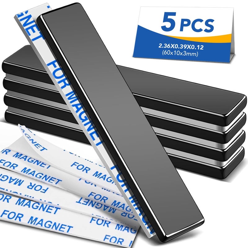 MIKEDE Neodymium Magnets - 5 Pack Black Super Strong Bar Magnets with Adhesive Backing, Waterproof Heavy Duty Rare Earth Strips for DIY, Craft, and Science - 60x10x3 mm - Image 1