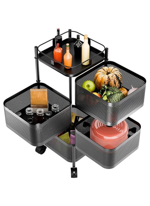 Dida-cosmos Fruit and Vegetable Basket, 4 Tier Rotating Storage Rack for Kitchen Wire Basket Organizer with Wheels Storage Cart with Top Lid for Living Room, Kitchen