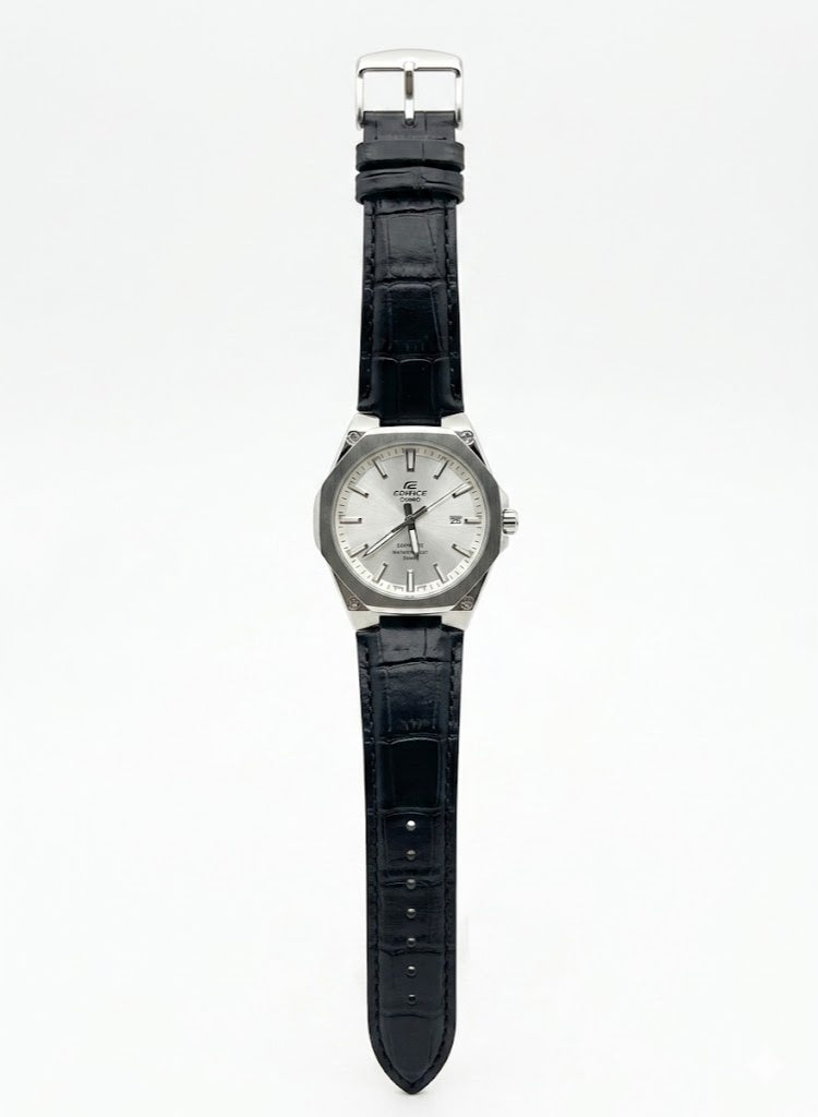 Casio Edifice Men's Dress Watch, Silver Sunray Dial, Black Croc-Embossed Leather Strap - Image 1
