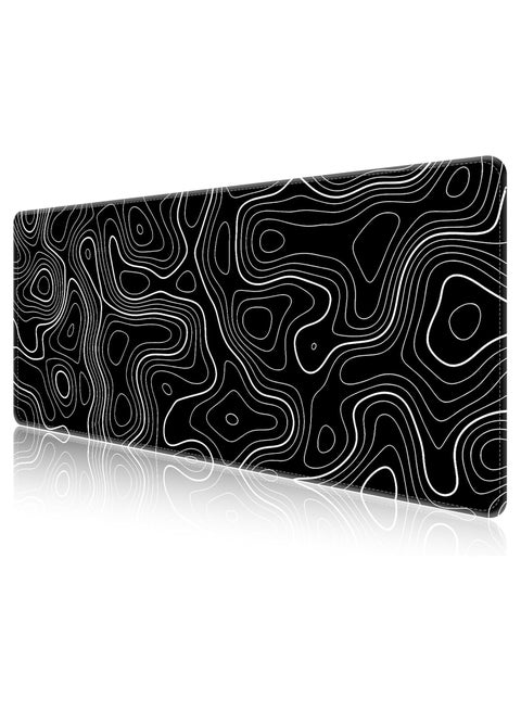 Topographic Contour Gaming Mouse Pad with Stitched Edges | Black Topographic Map Desk Mat | Extended XL Mousepad with Anti-Slip Base | Cool Desk Pad for Keyboard and Mouse. (Black)