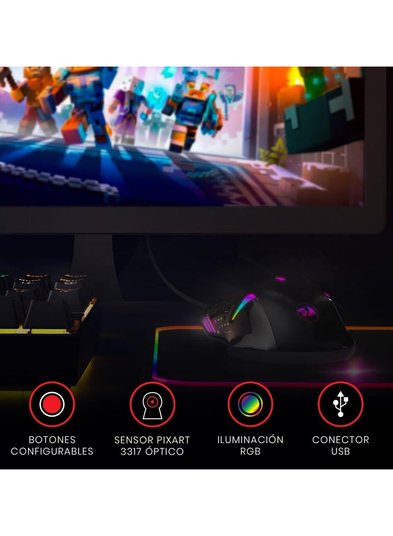 ريدراجون ماوس الألعاب Redragon M601-3، كابل USB بإضاءة خلفية LED حمراء، 3200 نقطة في البوصة، 6 أزرار، ماوس الألعاب المريح Centrophorus للكمبيوتر الشخصي. - Image 3