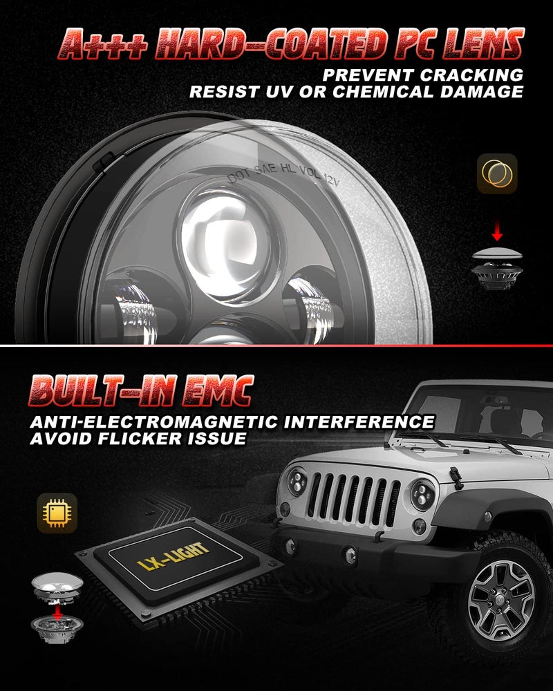 LX-LIGHT 1000% Bright 7 Inch LED Headlights Anti-glare Round H6024 LED Headlight Compatible with Jeep Wrangler JK JKU TJ LJ Chevy Ford GMC Dodge etc DOT Approved Hi/Low Sealed Beam Black - Image 3