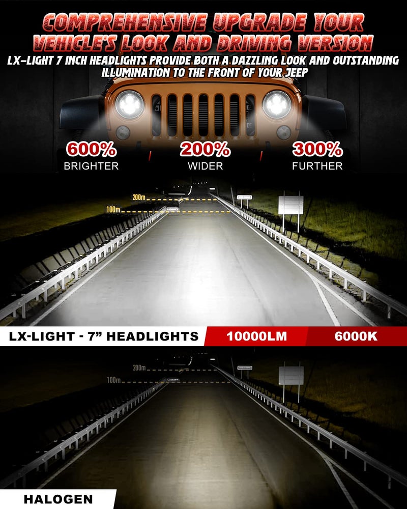 LX-LIGHT 1000% Bright 7 Inch LED Headlights Anti-glare Round H6024 LED Headlight Compatible with Jeep Wrangler JK JKU TJ LJ Chevy Ford GMC Dodge etc DOT Approved Hi/Low Sealed Beam Black - Image 2