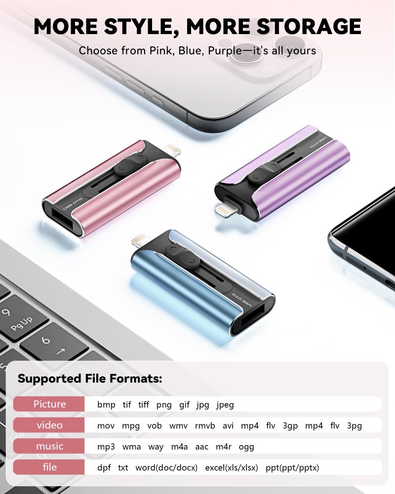 ROSPE MFi Certified 256GB Flash Drive for iPhone USB Memory Stick Thumb Drives, High Speed USB Stick iPhone Flash Drive for Photos Videos,Photo Stick External Storage for iPhone/iPad/Android/Laptop (Pink) - Image 5