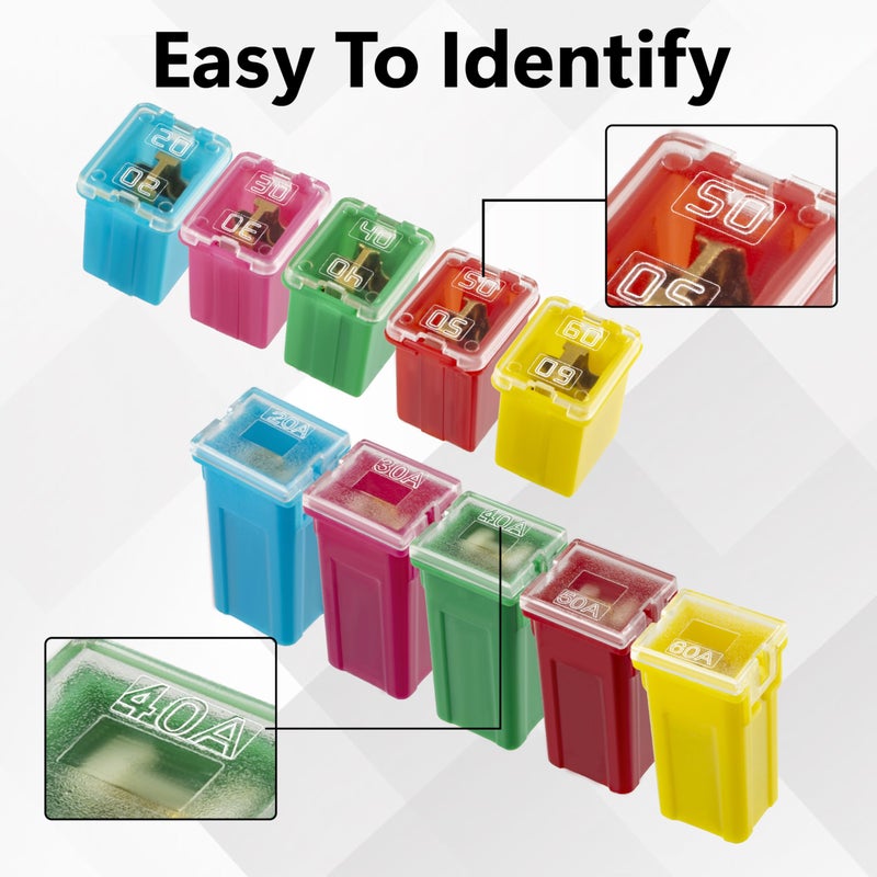 BFXM 10 PCS Versatile Automotive Fuse Assortment Low Profile Box Shaped Micro Cartridge Fuses Kit for Pickup Trucks Cars and SUVs (20 A/30 A/40 A/50 A/60 A, 2 PCS Each) - Image 5