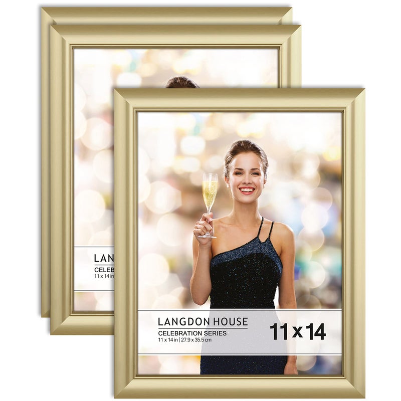 Langdon House 11x14 Picture Frames Gold 3 Pack Contemporary Glam Photo Frames 11 x 14 Wall Mount or Table Top Celebration Collection