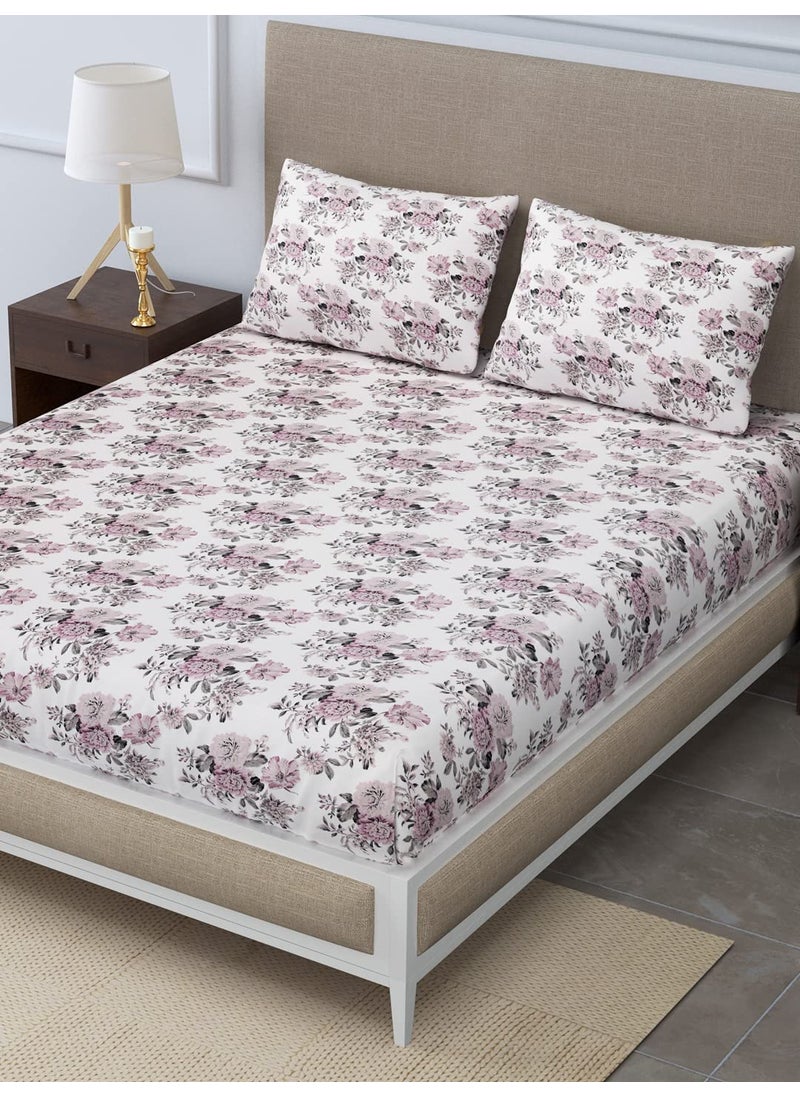 LINENWALAS LINENWALAS 100% Cotton Elastic Fitted Sheet with 2 Pillow Cover, Ultra Soft 300 Thread Count Printed Bedsheet (72x78 Inches, Boho Mink Floral)  - Image 3