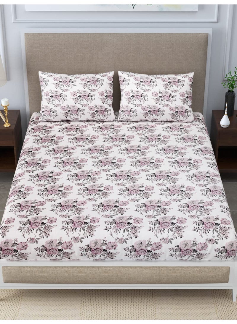 LINENWALAS LINENWALAS 100% Cotton Elastic Fitted Sheet with 2 Pillow Cover, Ultra Soft 300 Thread Count Printed Bedsheet (72x78 Inches, Boho Mink Floral)  - Image 1