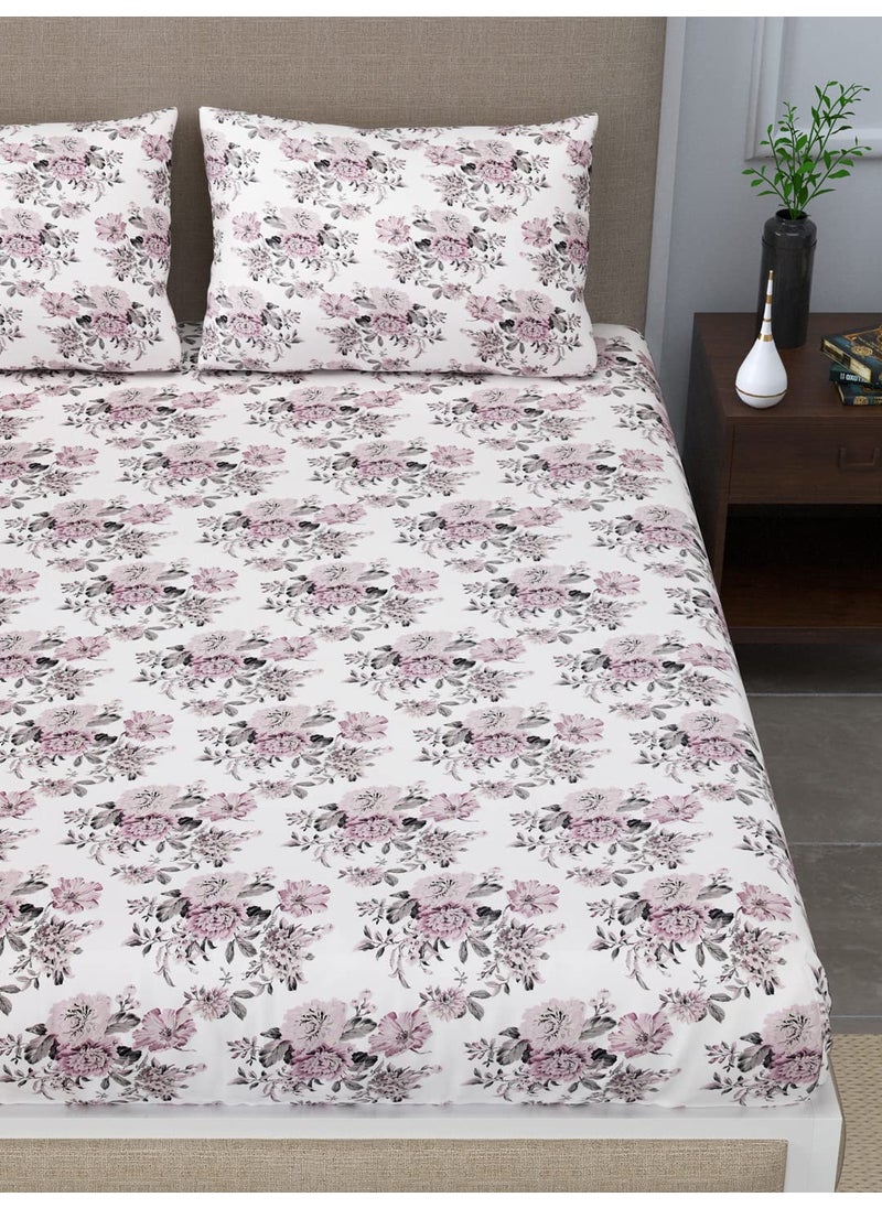 LINENWALAS LINENWALAS 100% Cotton Elastic Fitted Sheet with 2 Pillow Cover, Ultra Soft 300 Thread Count Printed Bedsheet (72x78 Inches, Boho Mink Floral)  - Image 2